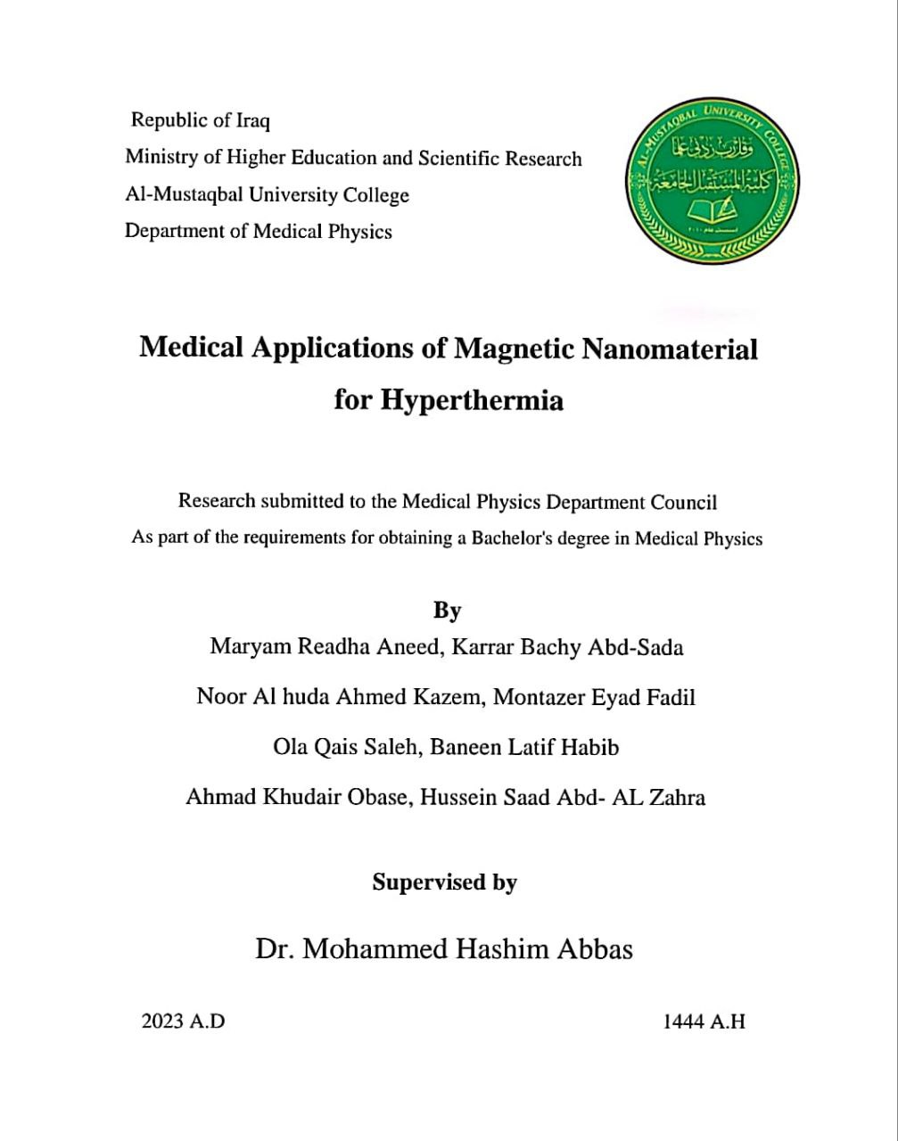 MEDICAL APPLICATIONS OF MAGNETIC NANOPAR