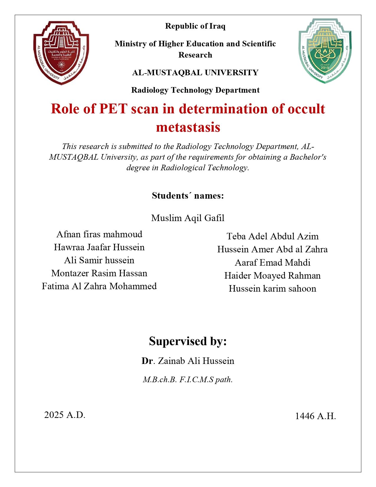 Role of PET scan in determination of occ