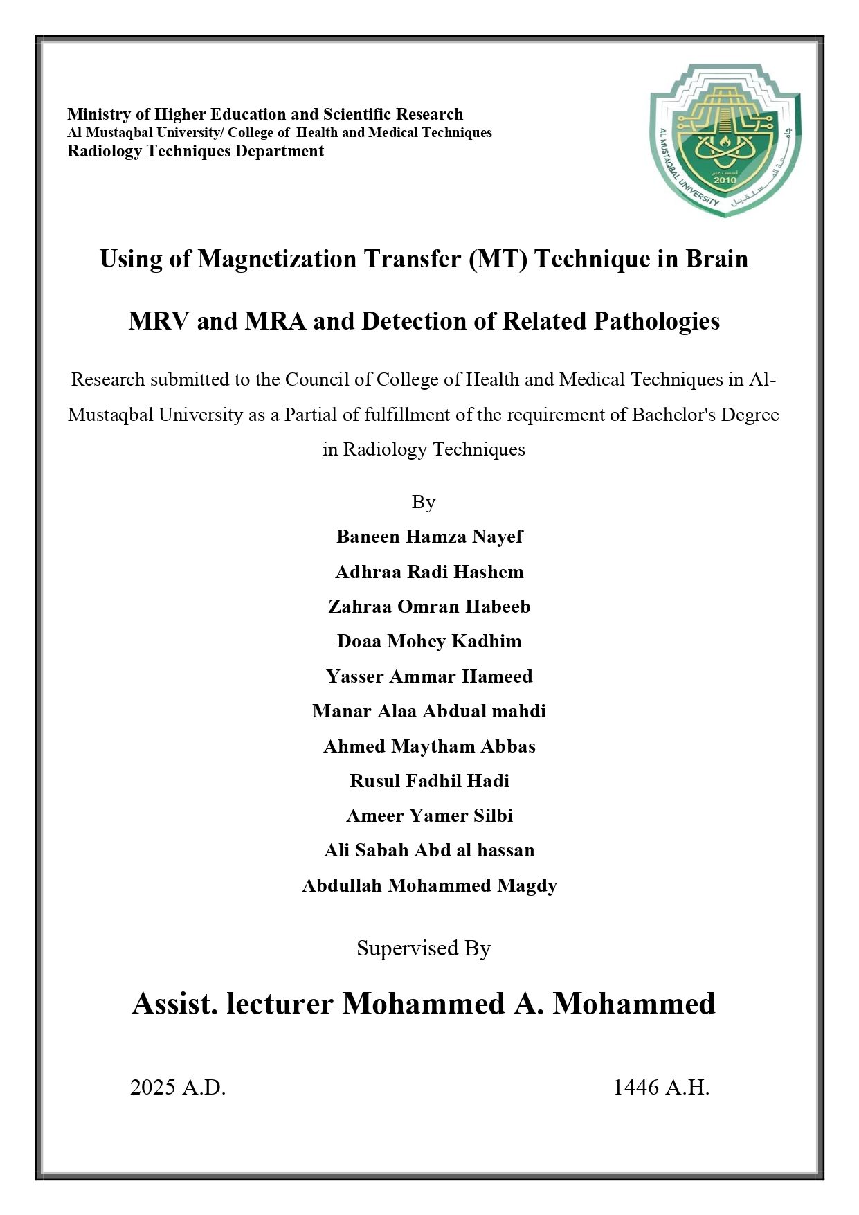 Using of Magnetization Transfer (MT) Tec