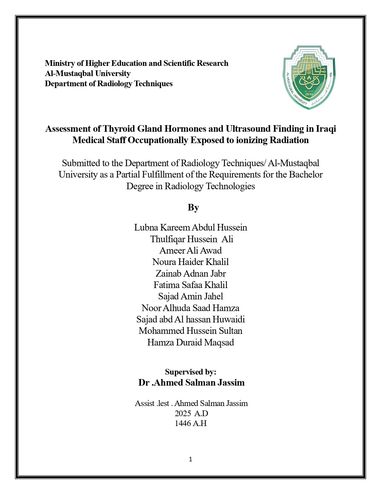 Assessment of Thyroid Gland Hormones and