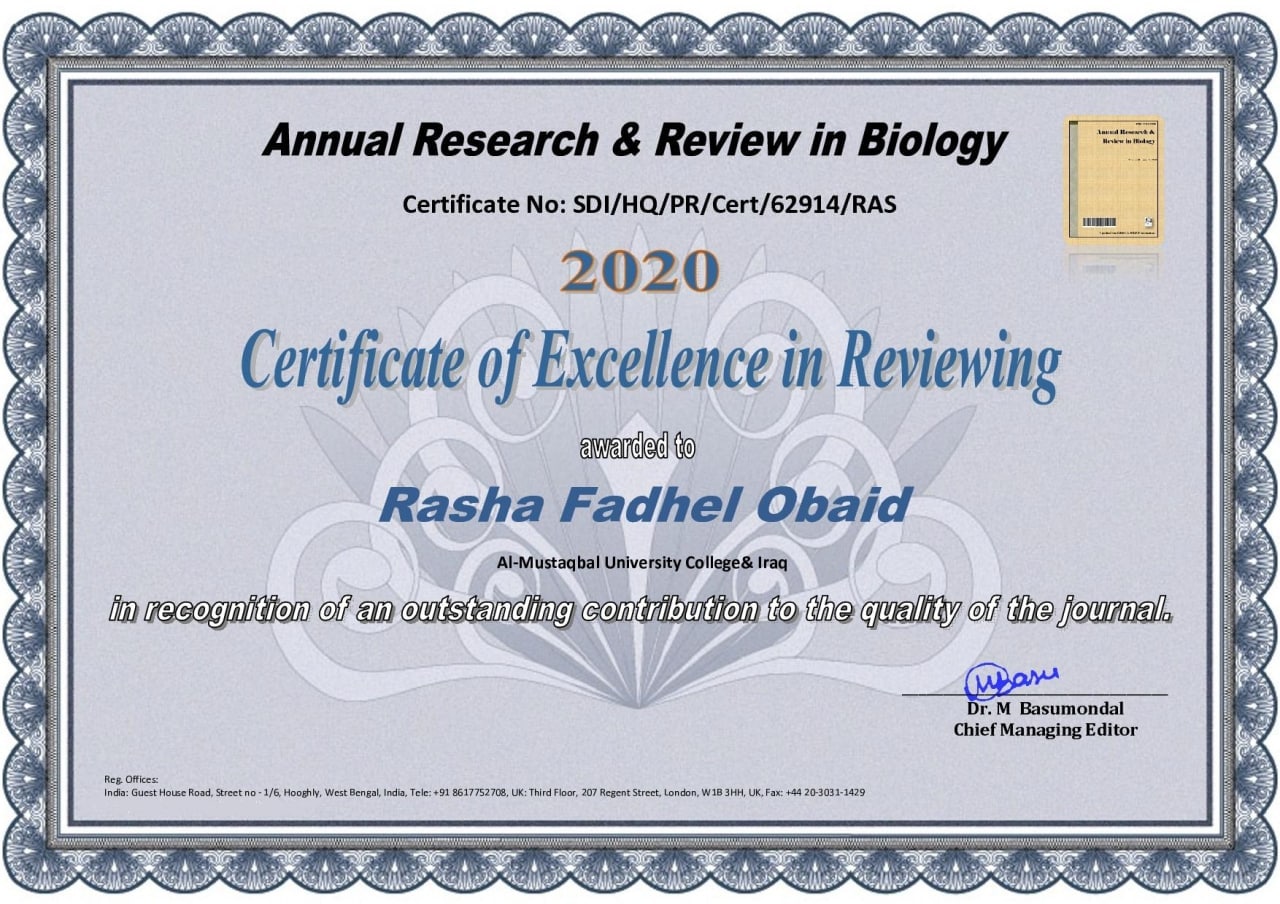 ضمن نشاطات قسم تقنيات التخدير في الإسهامات العلمية ، تم اختيار المدرس  الدكتورة رشا فاضل عبيد كمُقيّم علمي للبحث العلمي الموسومة        Validation of Safety Guidelines Adopted for COVID – 19 in Nigeri