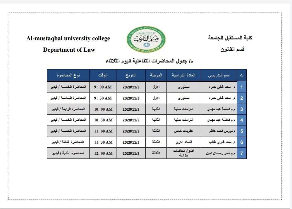 نشاطات التعليم الالكتروني وتسجيل المحاضرات الفديوية لقسم القانون