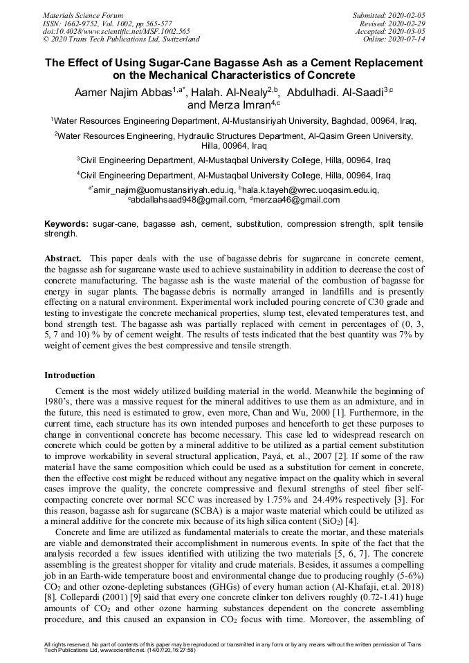  نشر بحث علمي بعنوان The effect of using sugar - cane bagasse ash as a cement replacement on the mechanical characteristics of concrete