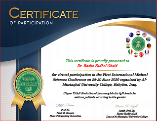 حصلت تدريسة في قسم التخدير  الدكتور ( رشا فاضل عبيد ) على شهادة تقديرية من كلية المستقبل