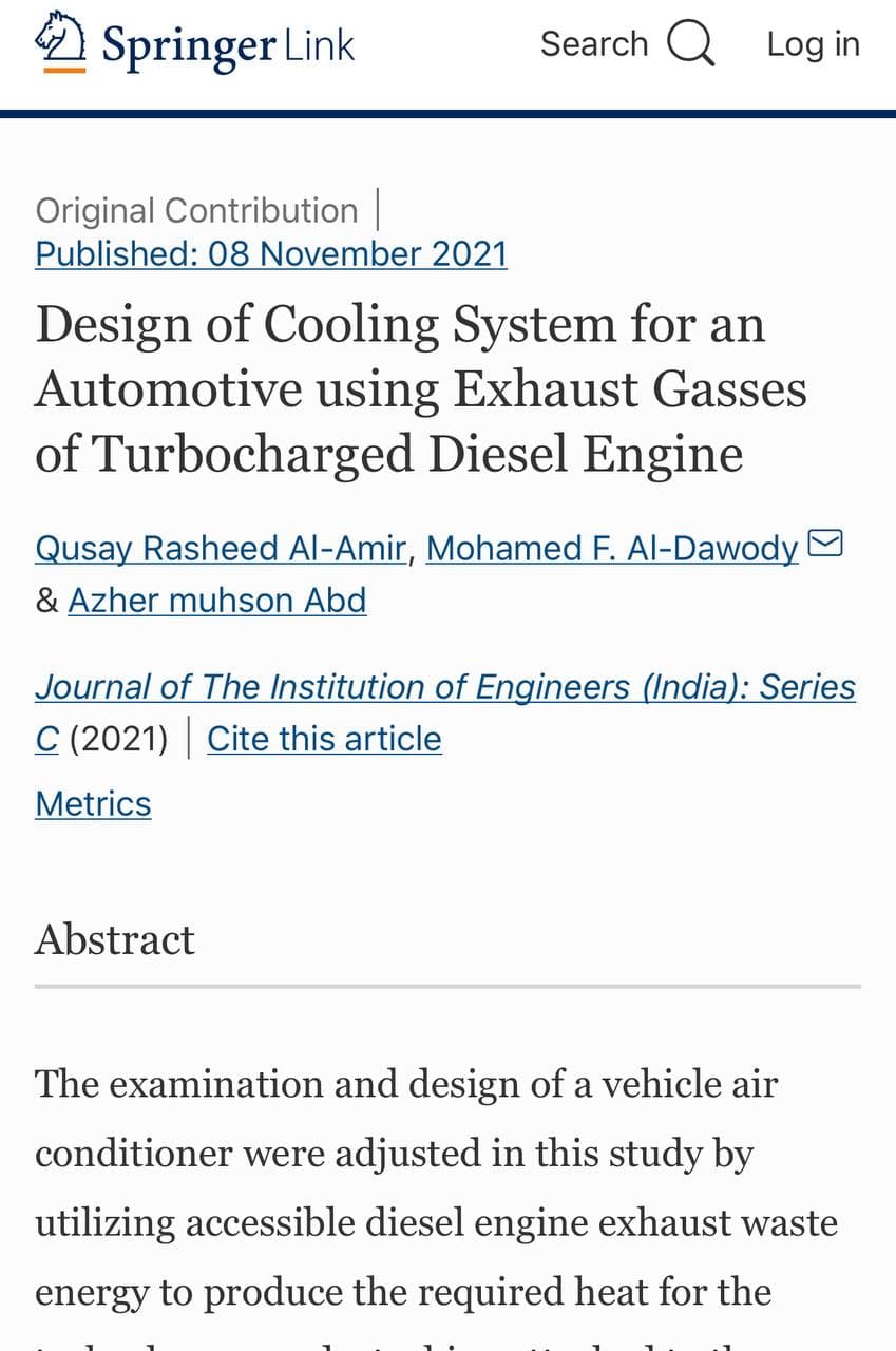 نشر بحث علمي للسيد رئيس قسم هندسة تقنيات التكييف والتبريد 