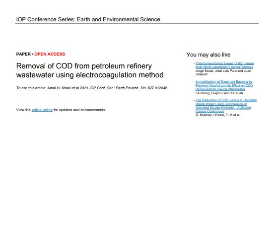 "تم نشر بحث علمي مشترك للمدرس المساعد ومقرر قسم تقنيات التخدير / كلية المستقبل الجامعة تحت عنوان : Removal of COD from petroleum refinery wastewater using   electrocoagulation method 