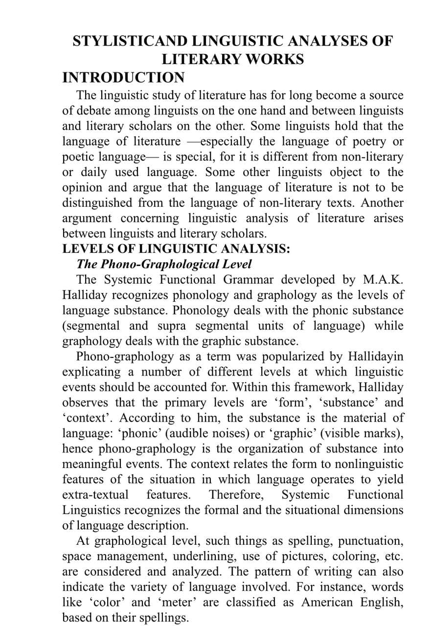 STYLISTICAND LINGUISTIC ANALYSES OF LITERARY WORKS