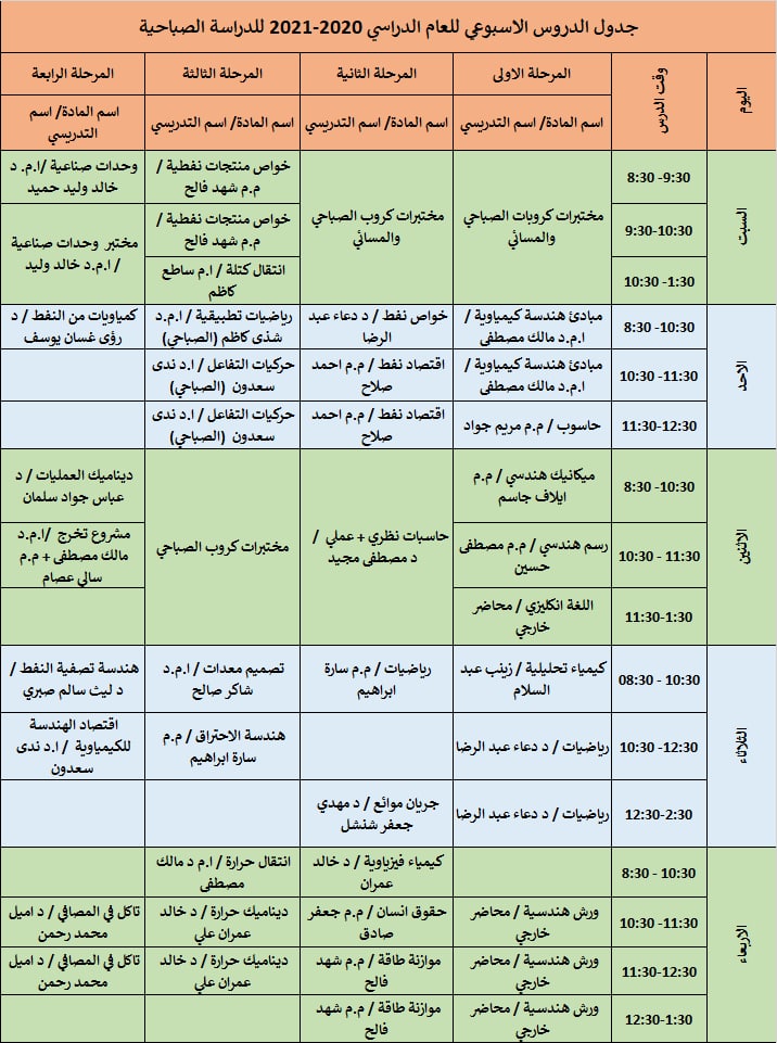 جدول الدروس 