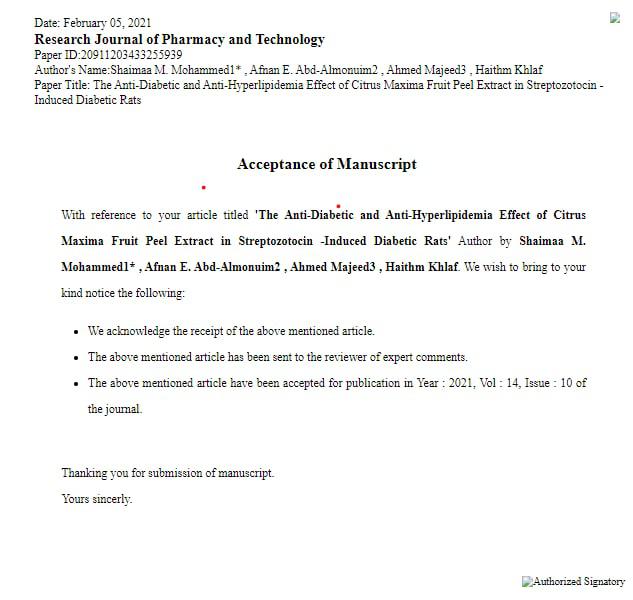 قبول نشر بحث لتدريسيين من قسم الصيدلة د. شيماء منذر و د. احمد مجيد