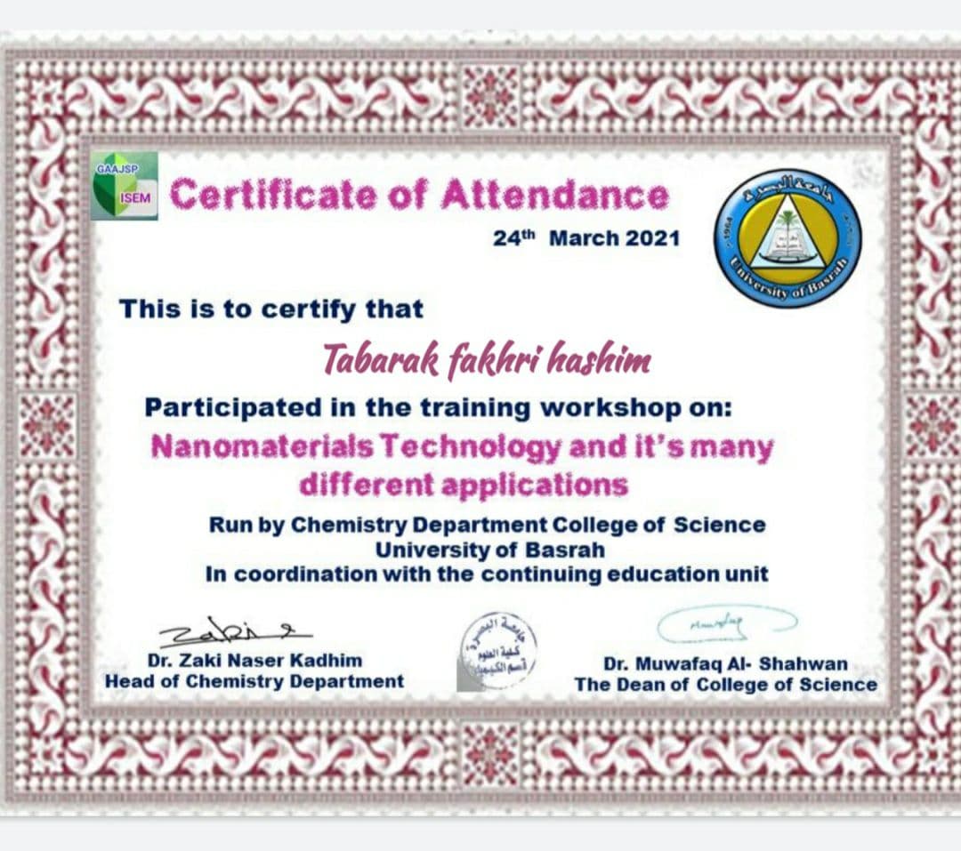 تدريسيه في كلية المستقبل الجامعه -قسم طب الأسنان تحصل على العديد من شهادات المشاركة