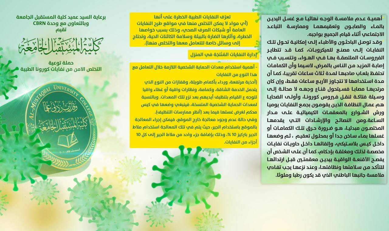  حملة توعوية للتخلص الامن من نفايات كورونا الطبية تنظمها كلية المستقبل الجامعة