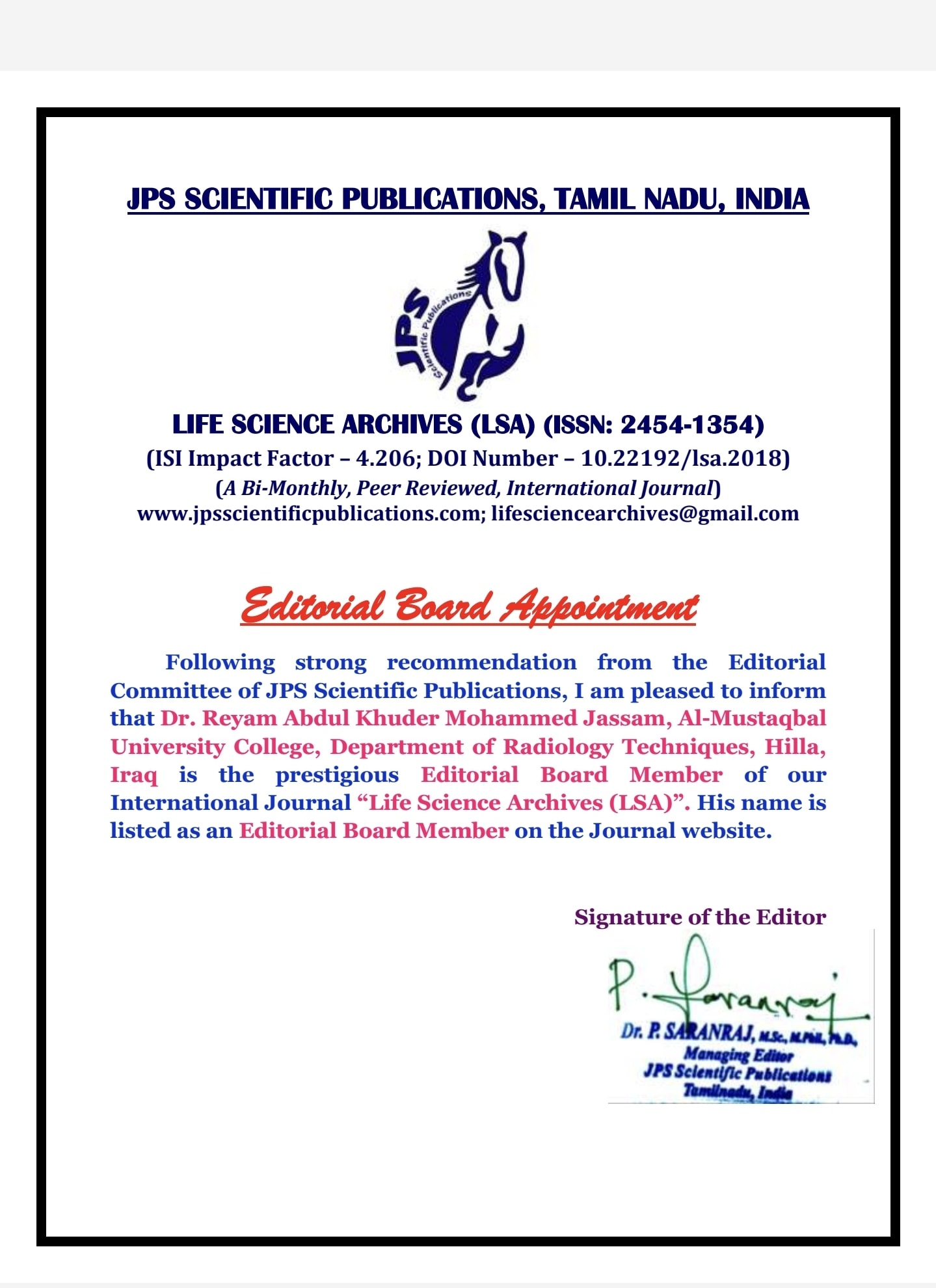 اختيار احد تدريسي  كلية المستقبل الجامعة عضواََ في مجلة (Life science Archive) العالمية
