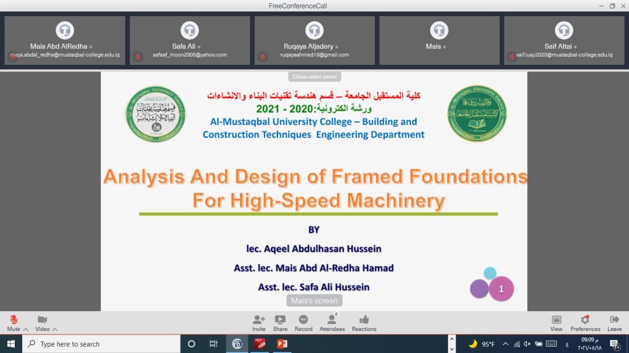 قسم هندسة تقنيات البناء والانشاءات يقيم ورشة عمل علمية بعنوان Analysis And Design of Framed Foundations  For High-Speed Machinery