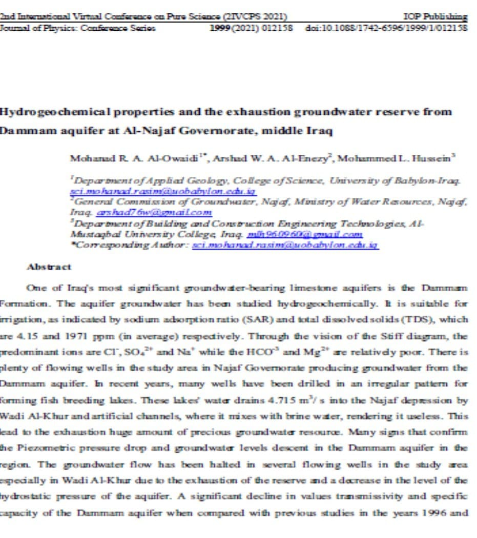تدريسي في قسم هندسة تقنيات البناء والانشاءات ينشر بحث جديد في مستوعب سكوباس بعنوان Hydrogeochemical properties and the exhaustion groundwater reserve from Dammam aquifer at Al-Najaf Governorate, middle Iraq