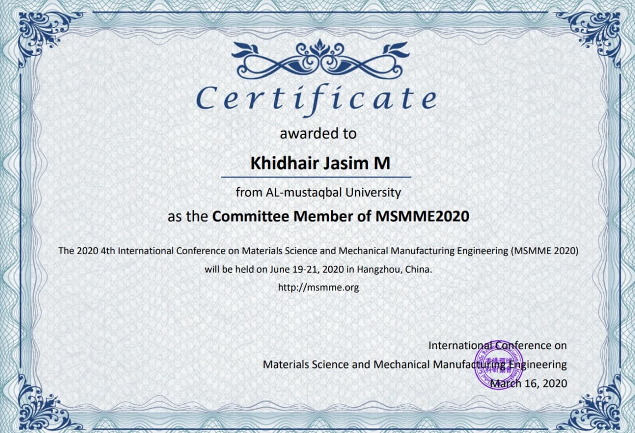 اختيار  تدريسي في قسم هندسة تقنيات التكييف و التبريد عضوا في مؤتمرا علمي 