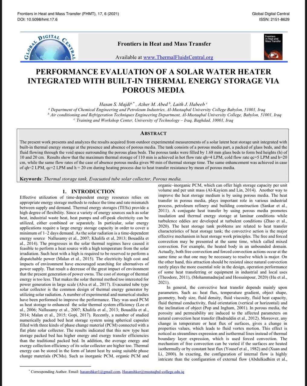 نشر بحث علمي للسيد رئيس قسم هندسة تقنيات التكييف و التبريد