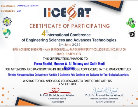 المؤتمر الدولي الرابع للعلوم الصرفه والهندسية بعنوان(Thymine Nitrogenous Base Derivatives of Azetidin-2-Carboxylic Acid Synthesis and Evaluated for Their Biological Activities)