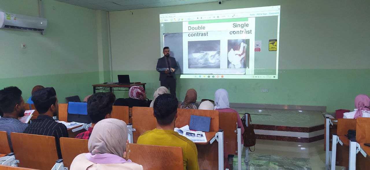 ورشة تعلمية بااشراف التدريسي في قسم تقنيات الاشعة (م.م احمد سلمان جاسم  ) بعنوان فحص الامعاء الغليظة باستخدام اوساط التباين والاشعة السينية 