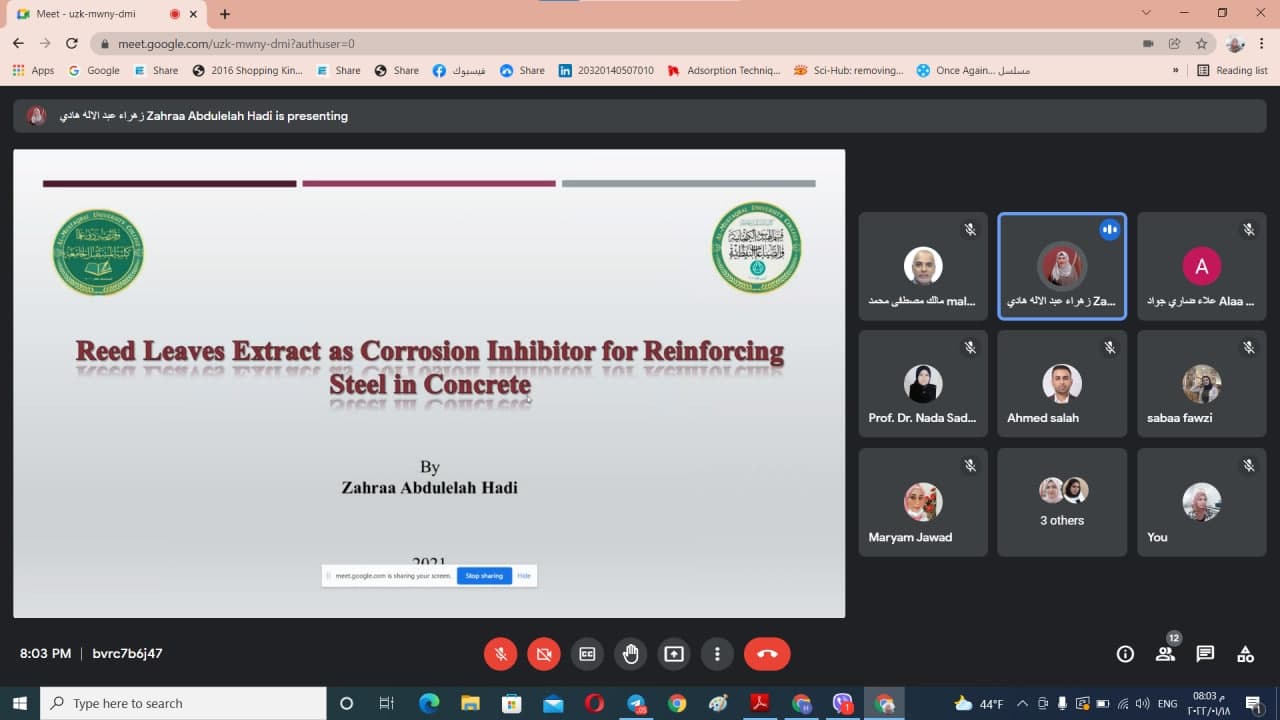 ورشة بعنوان " Reed Leaves Extract as Corrosion Inhibitor for Reinforcing Steel in Concrete " قامت بها التدريسية م.م. زهراء عبد الاله هادي 