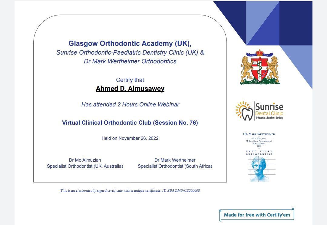 حصول الدكتور احمد ضياء الموسوي على شهادة مشاركة من أكاديمية غلاسكو لتقويم الأسنان (المملكة المتحدة) 