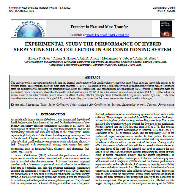 قسم هندسة تقنيات التكييف و التبريد ينشر بحثا في مجال الطاقة الشمسية و استخدامها كعامل مساعد في تحسين أداء منظومات التكييف