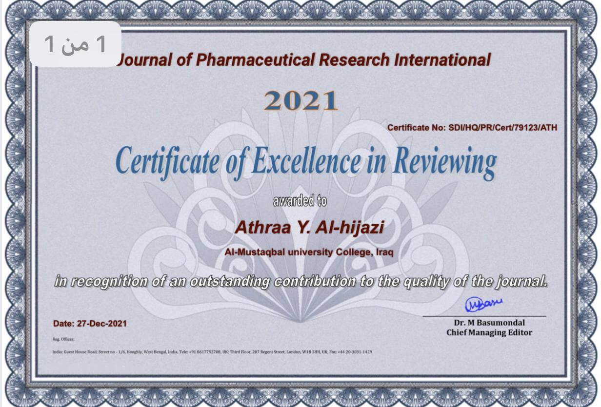 Dr. Virgin Yahya Al-Hijazi obtained a certificate of participation from the International Pharmaceutical Research Journal