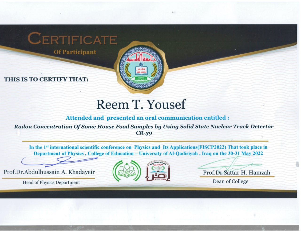 Radon Concentration in House Food Some of samples by Using Solid State Nuclear Track Detector – CR 39  قياس تراكيز الرادون في المواد الغذائية باستخدام كاشف الاثر النووي CR-39 م.م. ريم طعمة
