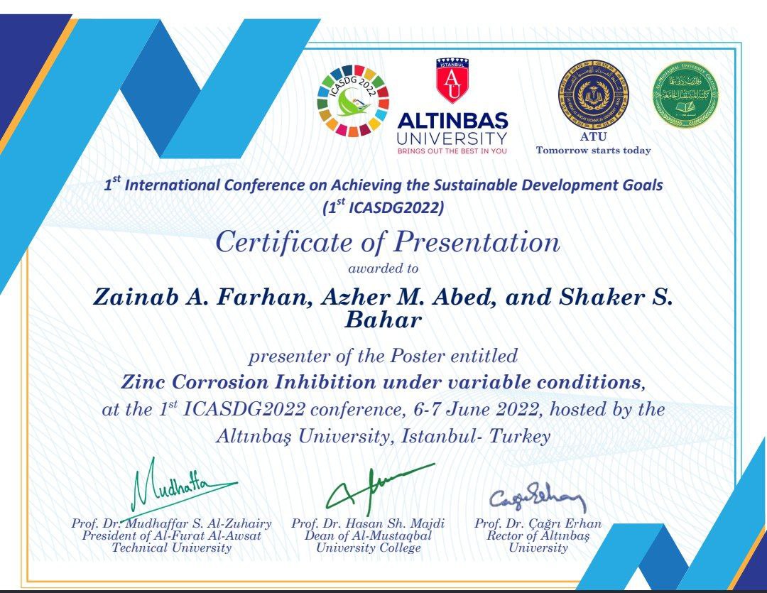 مشاركة قسم هندسة تقنيات التكييف والتبريد في المؤتمر الدولي الاول لتحقيق اهداف التنمية المستدامة 