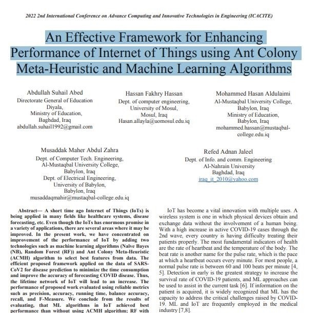 تدريسي في قسم الحاسوب يشترك في المؤتمر العلمي  2nd International Conference on Advance Computing and Innovative Technologies in Engineering (ICACITE) في الهند