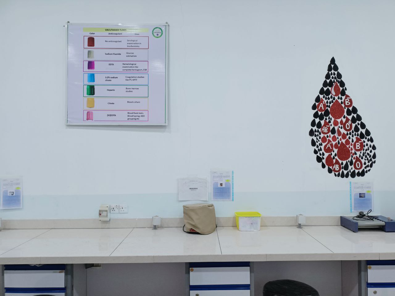 طلبة قسم تقنيات المختبرات الطبية يقومون بنشاط يتضمن بوستر يتضمن الانابيب من مختلف الأحجام المستخدمة في الفحوصات المختبرية