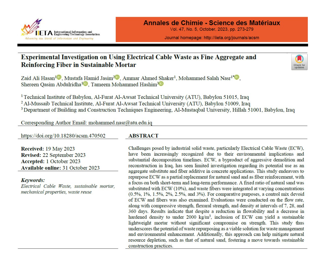مشاركة التدريسي (م. تميم محمد) في بحث علمي
