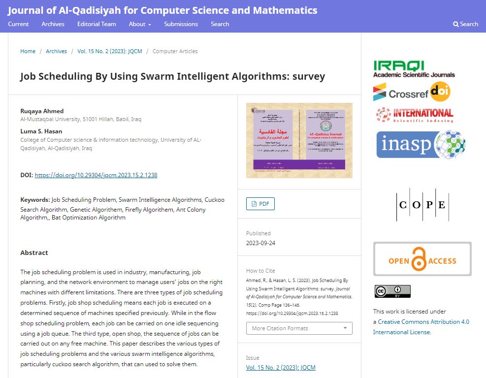 تدريسية في قسم هندسة تقنيات البناء والانشاءات تنشر بحث بعنوان(Job Scheduling By Using Swarm Intelligent Algorithms: survey)