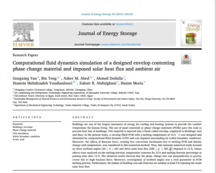نشر بحث علمي للسيد رئيس القسم في المجلة العالمية Journal of Energy Storage 