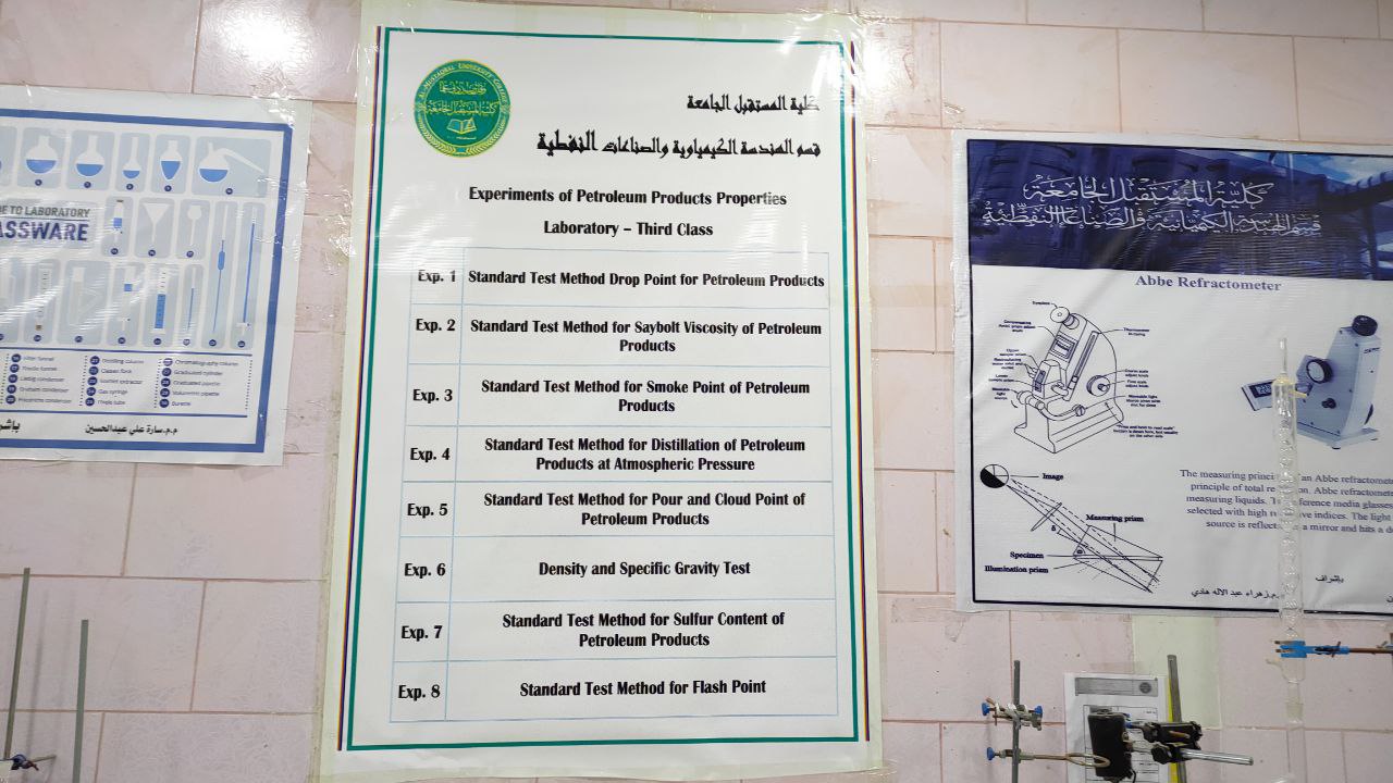 نشاط طلابي يتضمن بوستر لاسماء التجارب لمختبر خواص منتجات نفط