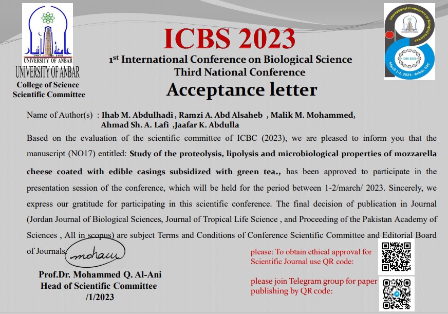 قبول بحث للتدريسي ا.م.د. مالك مصطفى محمد في قسم الهندسة الكيمياوية والصناعات النفطية