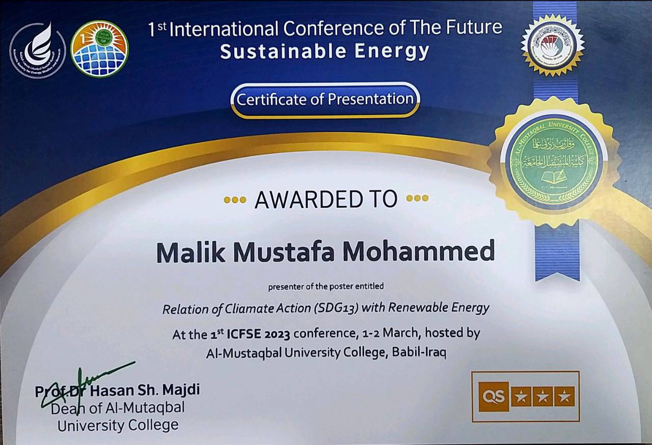 مشاركة تدريسي في قسم هندسة تقنيات التكييف والتبريد في المؤتمر الدولي لمستقبل الطاقة المستدامة