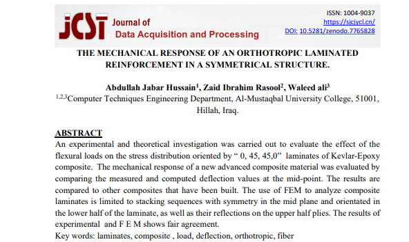 نشـــــر بحث للتدريسن في قسم  هندسة تقنيات الحاسوب بعنوان THE MECHANICAL RESPONSE OF AN ORTHOTROPIC LAMINATED  REINFORCEMENT IN A SYMMETRICAL STRUCTURE. 