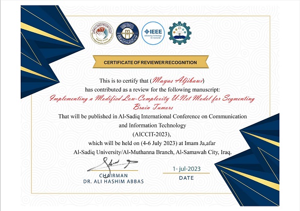 حصول التدريسي .م.د. مياس محمد مهدي في جامعة المستقبل كلية الهندسة قسم تقنيات الحاسوب على شهادة مشاركة بعنوان Implementing a Modified for complexity-NET model for segmenting Brain Jumars 