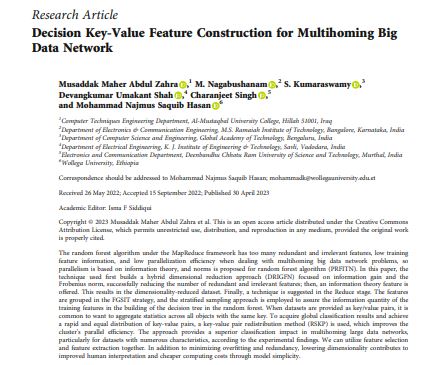 نشر بحث علمي للتدريسي في جامعة المستقبل - كلية الهندسة - قسم هندسة تقنيات الحاسوب  الدكتور ((مصدق ماهر عبد الزهره ))  بعنوان Decision Key-Value Feature Construction for Multihoming Big Data Network