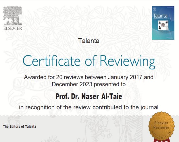تدريسي في كلية الصيدله يحصل على شهادة المقيم المتميز من دار النشر العالميه (Elsevier)