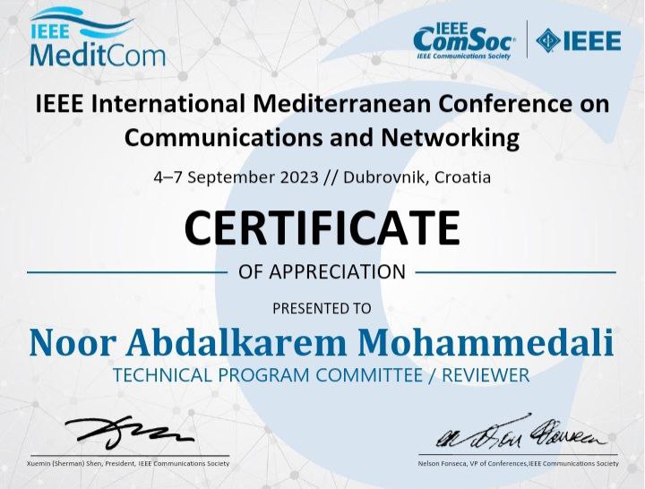 "حصول تدرييسة في جامعة المستقبل - كلية الهندسة - قسم هندسة تقنيات الحاسوب على شهادة تقدير في مؤتمر IEEE