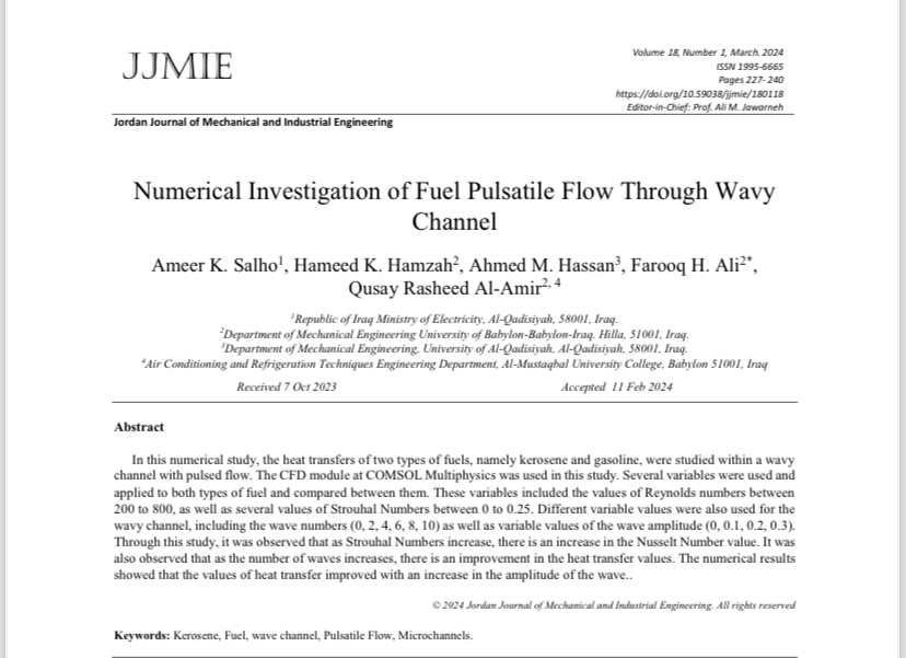 رئيس قسم هندسة تقنيات ميكانيك القوى ينشر بحثاً علمياً بمستوعبات عالمية 
