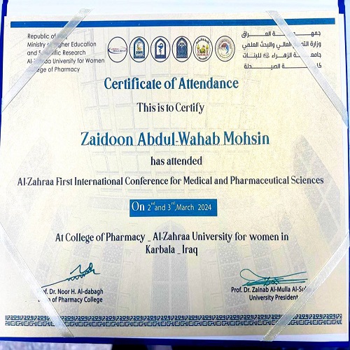 Participation of one of the teachers of the Department of Anesthesia Techniques in the First International Conference for Medical and Pharmaceutical Research, which was held by Al-Zahra University