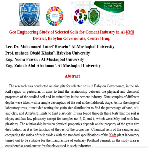 دراسة جيوهندسية لترب مختارة من مواقع في غرب الكفل وتقييم صلاحيتها في صناعة السمنت البورتلاندي لمعمل سمنت الكوفة لتوفير بدائل متعددة للمواد الاولية لهذه الصناعة المهمة في المشاريع الانشائية