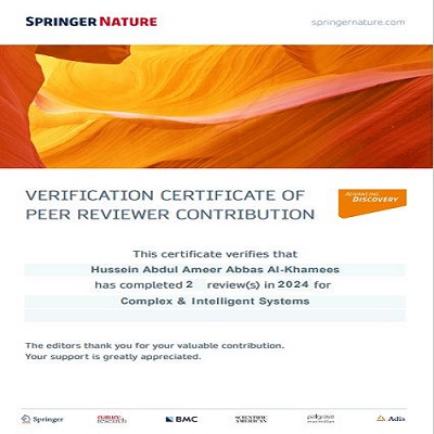 منح المدرس الدكتور حسين عبد الامير عباس التدريسي في كلية الهندسة و التقنيات الهندسية - قسم هندسة تقنيات الحاسوب شهادة المقيم العلمي من مجلة (Springer Nature)