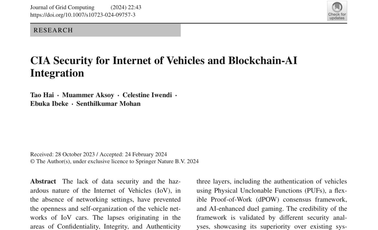 نشر بحث علمي جديد للتدريسي في قسم الامن السيبراني م.د.معمر نافع بعنوان CIA Security for Internet of Vehicles and Blockchain-AI Integration
