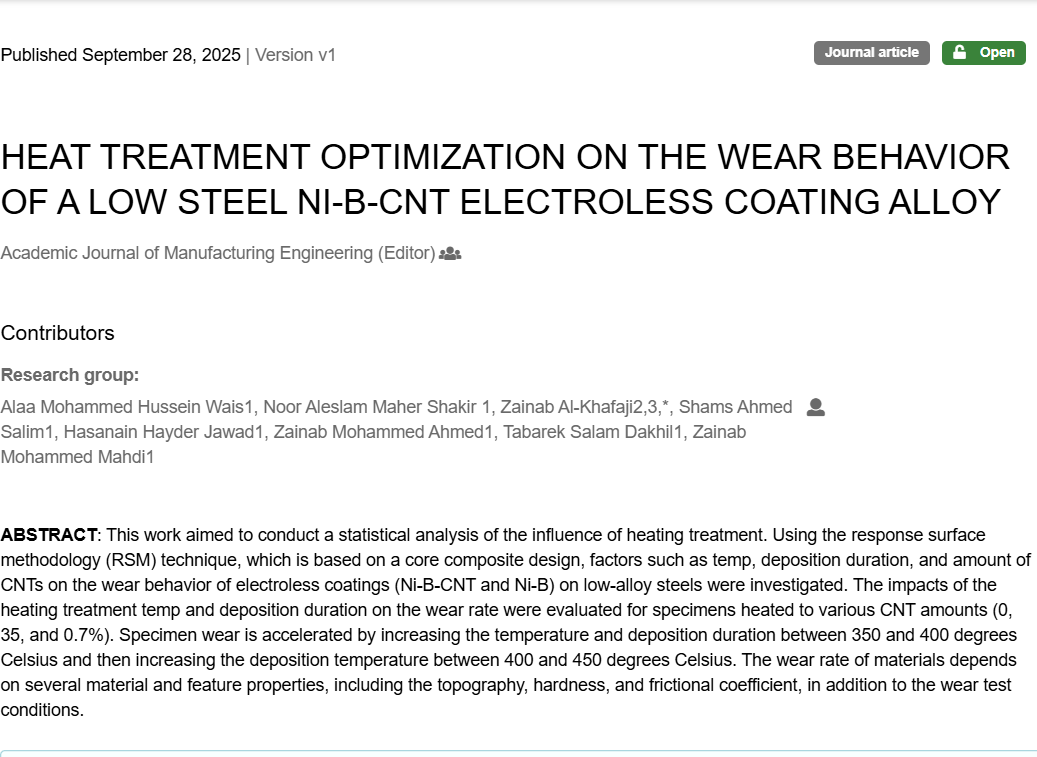 نشر بحث علمي في مجلة عالمية رصينة للدكتور علاء محمد حسين ويس
