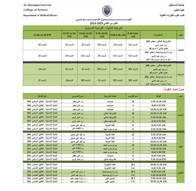 جدول الكورس الثاني للعام الدراسي 2025-2024 للمرحلة الثانية.