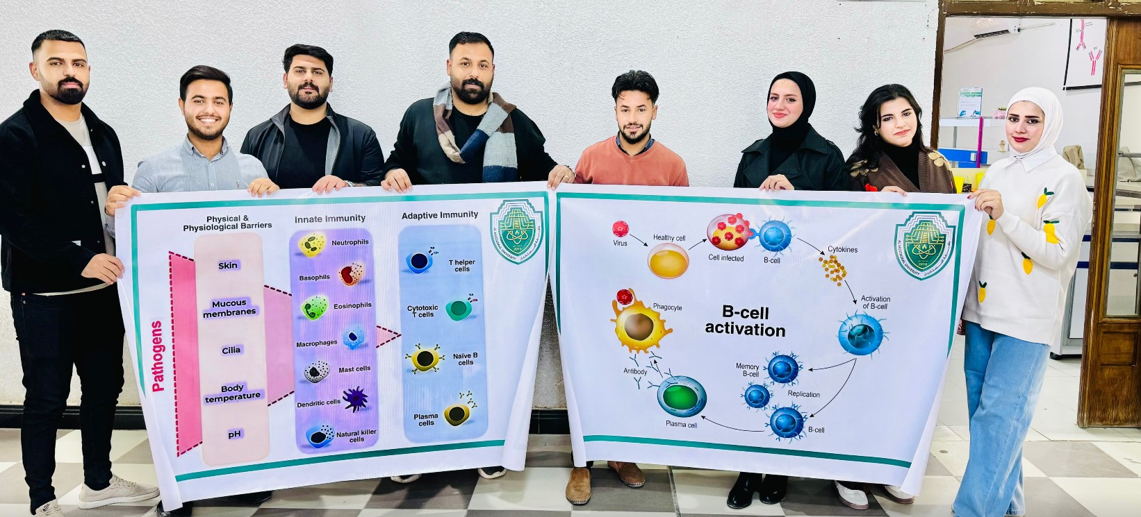 مجموعة من طلبة قسم تقنيات المختبرات الطبية يقدمون بوستر علميًا حول تنشيط الخلايا البائية