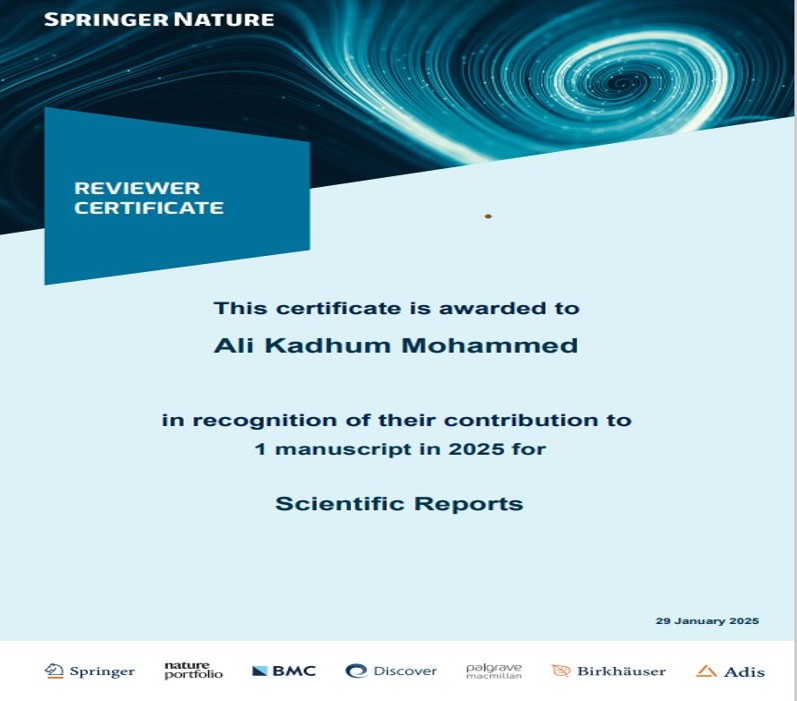 مجلة Scientific Reports تقدّم شهادة تقدير للأستاذ المساعد الدكتور علي كاظم الغرابي تقديرًا لإسهاماته في تقييم البحوث العلمية
